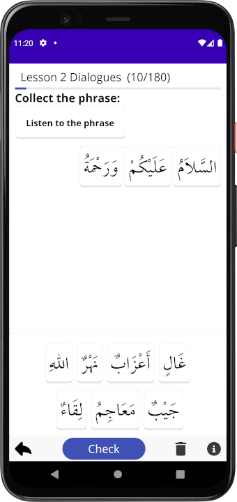 Anda boleh memilih mod untuk mengumpul frasa mengikut telinga. Kursus Bahasa Arab Madinah bahagian 2
